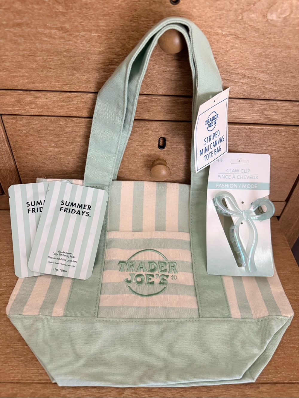 Trader Joe's Striped Mint Mini Canvas Tote Bag with goodies
